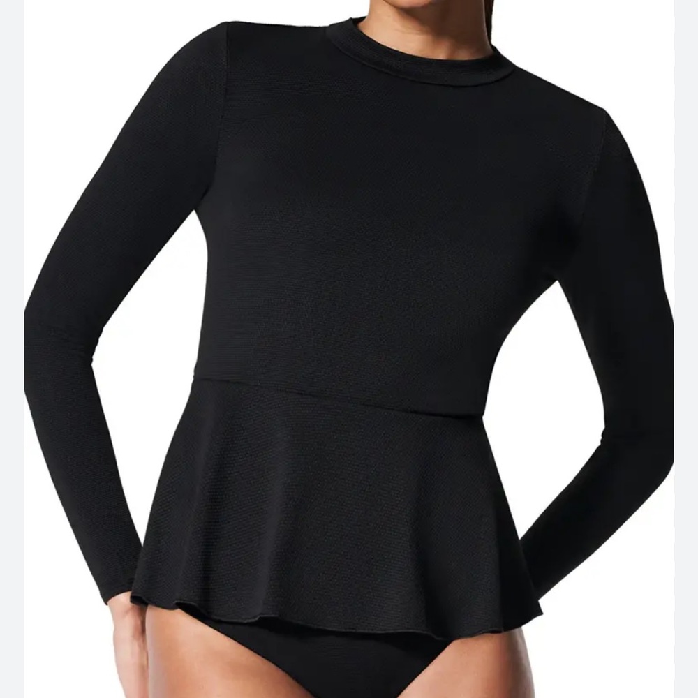 NWOT SPANX Long Sleeve Peplum Swim Top Rash Guard – Black – Size L